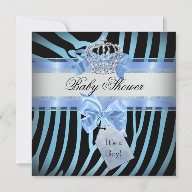 Baby Shower Boy Zebra Blue Prince Crown Black Einladung (Vorderseite)