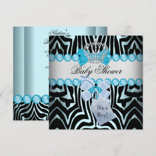 Baby Shower Boy Zebra Blue Prince Crown Black Einladung