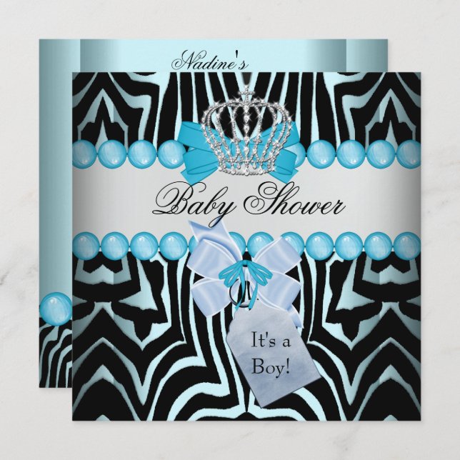 Baby Shower Boy Zebra Blue Prince Crown Black Einladung (Vorne/Hinten)