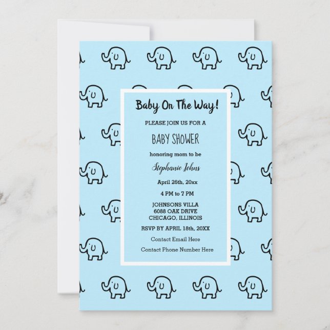 Baby Shower Boys Girls Elefantenmuster Blau Niedli Einladung (Vorderseite)