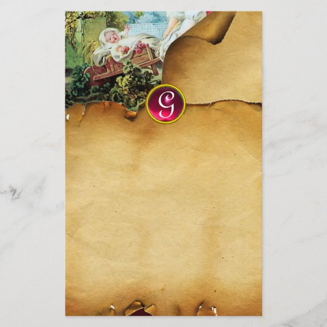 BABY SHOWER Brown Parchment Ruby Monogram Briefpapier (Vorderseite)