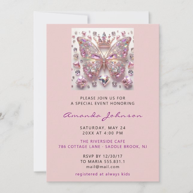 Baby Shower Butterfly Girl Sweet 16. Pink Royal Einladung (Vorderseite)