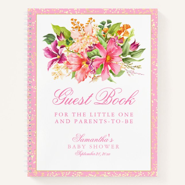 Baby Shower Chic Blume Bouquet Pink Gästebuch Notizbuch (Vorderseite)