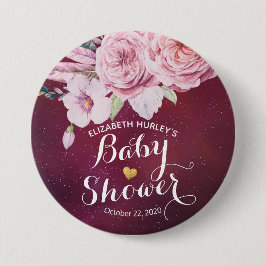 Baby Shower Chic Boho Floral Feathers Burgundy Red Button