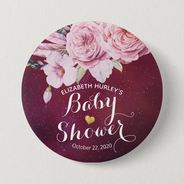 Baby Shower Chic Boho Floral Feathers Burgundy Red Button (Vorderseite)