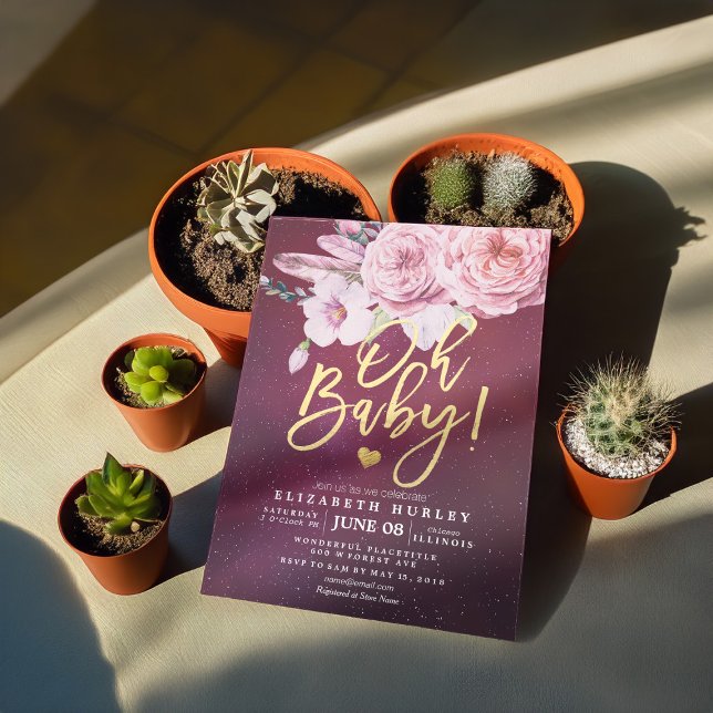 Baby Shower Chic Boho Floral Feathers Burgundy Red Einladung (Von Creator hochgeladen)