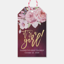 Baby Shower Chic Boho Floral Feathers Burgundy Red Geschenkanhänger