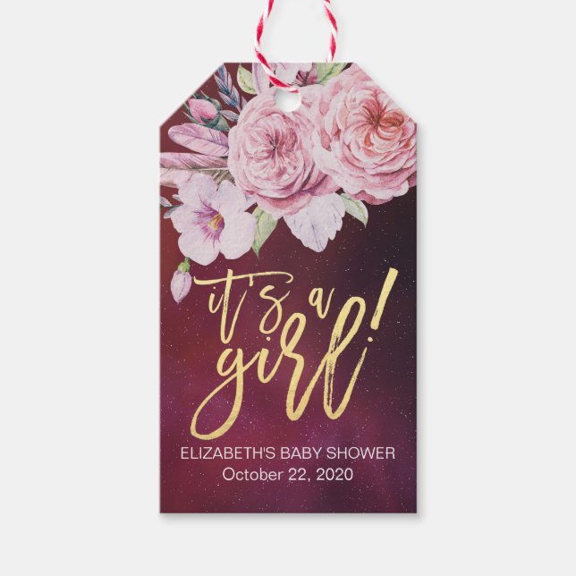 Baby Shower Chic Boho Floral Feathers Burgundy Red Geschenkanhänger (Vorderseite)