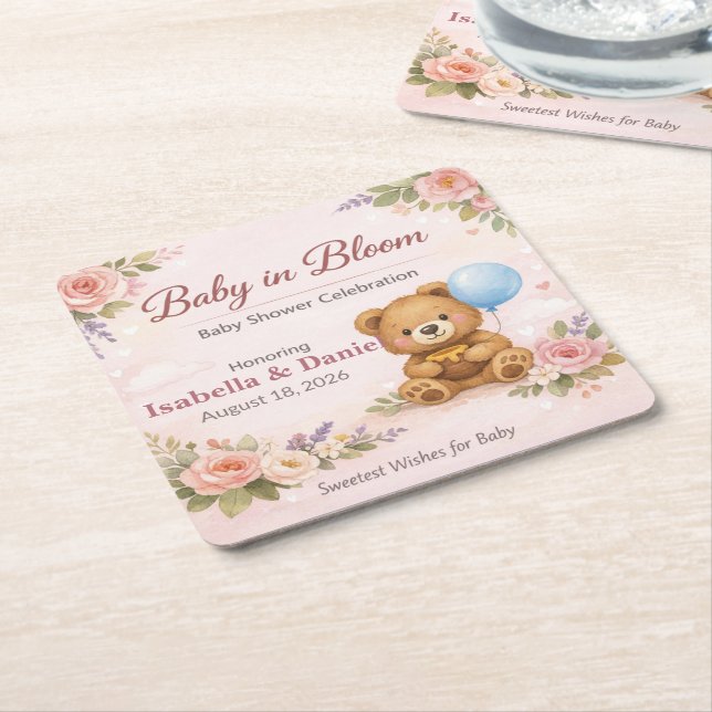 Baby Shower Coasters | Baby in Bloom Bear Rechteckiger Pappuntersetzer (angewinkelt)