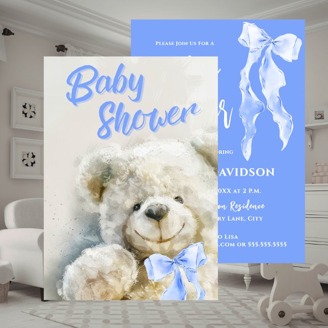 Baby Shower Cute Bear Blue Ribbon  Einladung (Baby Shower Cute Bear Blue Ribbon Invitation)