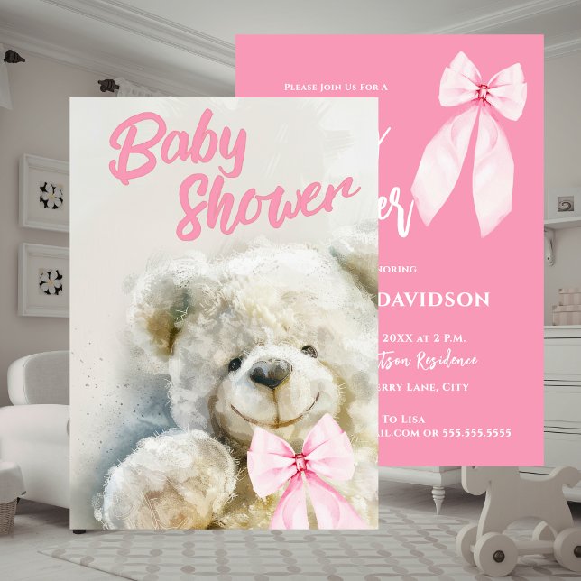Baby Shower Cute Bear Pink Ribbon  Einladung (Baby Shower Cute Bear Pink Ribbon Invitation)