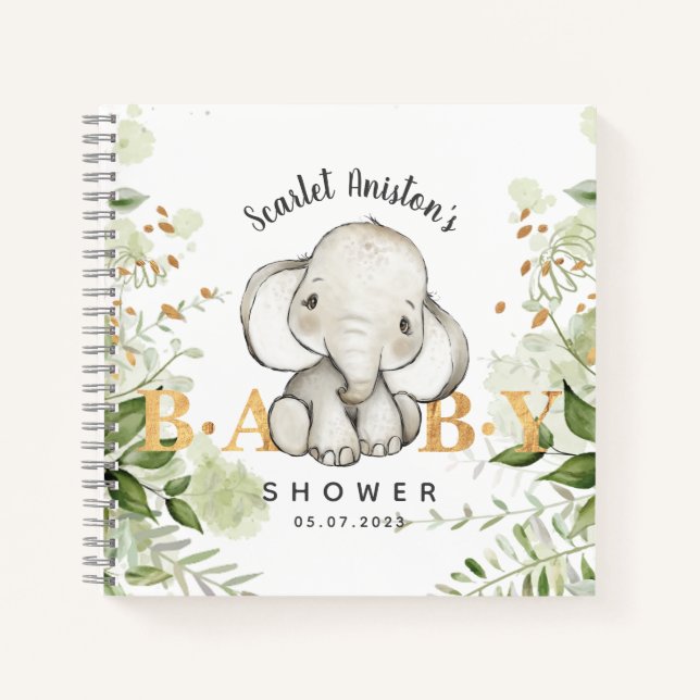Baby Shower Cute Elephant Greenery Guest Book Notizbuch (Vorderseite)