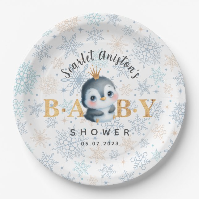 Baby Shower Cute Penguin with Crown Paper Plates Pappteller (Vorderseite)