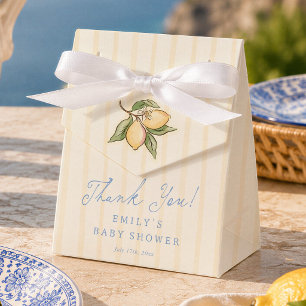 Baby-Shower-Dankeschön in Zitronengelb mit Streife Geschenkschachtel
