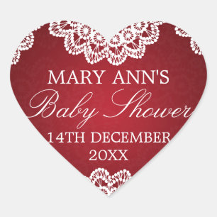 Baby Shower Datum Vintage Spitze Rot Herz-Aufkleber