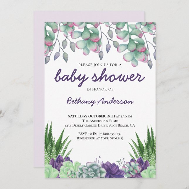Baby Shower Desert Garden Sukkulturen Aquarell Einladung (Vorne/Hinten)