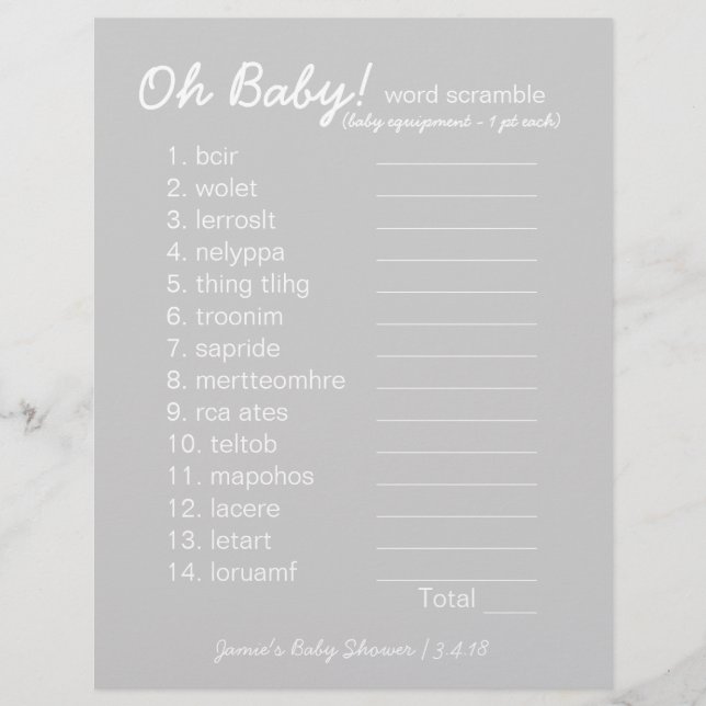 Baby Shower DIY - Word Scramble Game - grau (Vorderseite)