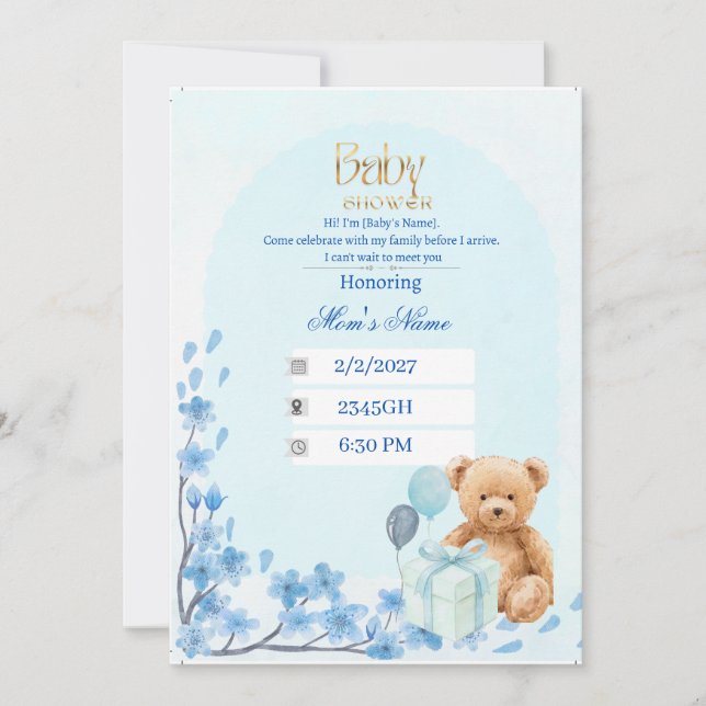 Baby Shower Einladung | Blauer Teddybär Bab (Vorderseite)