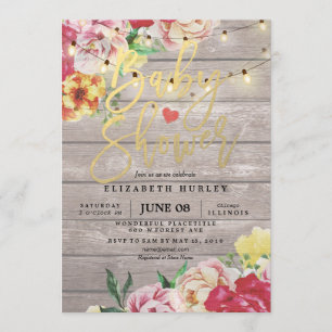 Baby-Shower-Einladung Floral Holz & Lichterkette Einladung