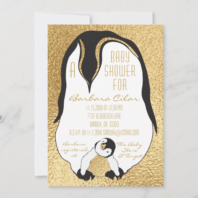 Baby Shower Einladung Gold Baby & Mommy Penguin (Vorderseite)