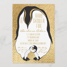 Baby Shower Einladung Gold Baby & Mommy Penguin