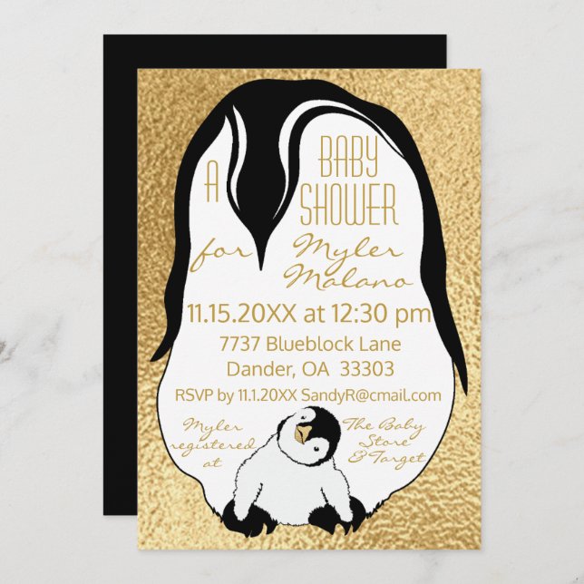 Baby Shower Einladung Gold Baby & Mommy Pinguine (Vorne/Hinten)