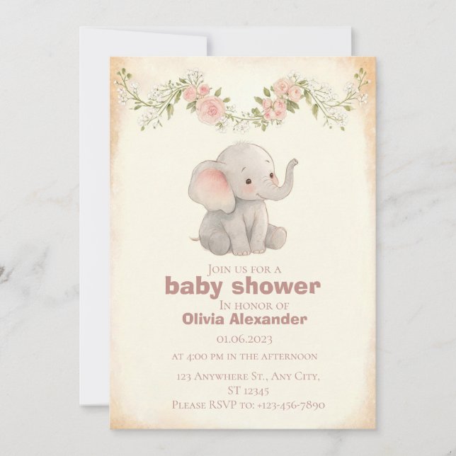 Baby Shower Einladung Kleiner Elefant  (Vorderseite)