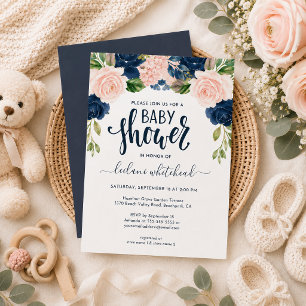 Baby-Shower-Einladung mit rosa-navy-blumigem Desig Einladung