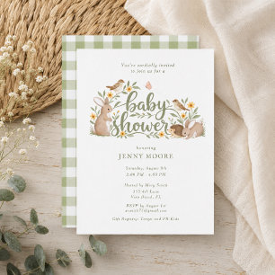 Baby Shower Einladung mit Waldmotiv und Gingham-Mu