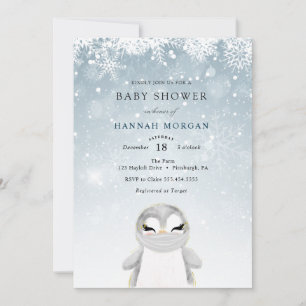 Baby-Shower-Einladung mit Winterpinguin mit Maske Einladung