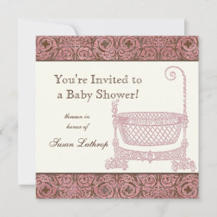 Baby-Shower-Einladung - Rosa Brauner Damast Wiege Einladung
