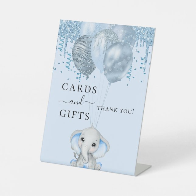 Baby Shower Elefant Junge blauen Ballons Karten Ge Sockelschild (Vorderseite)
