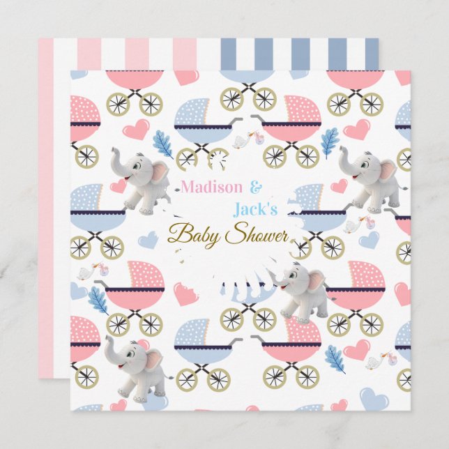 Baby Shower Elephant Baby StrollerCard Invitation  Einladung (Vorne/Hinten)