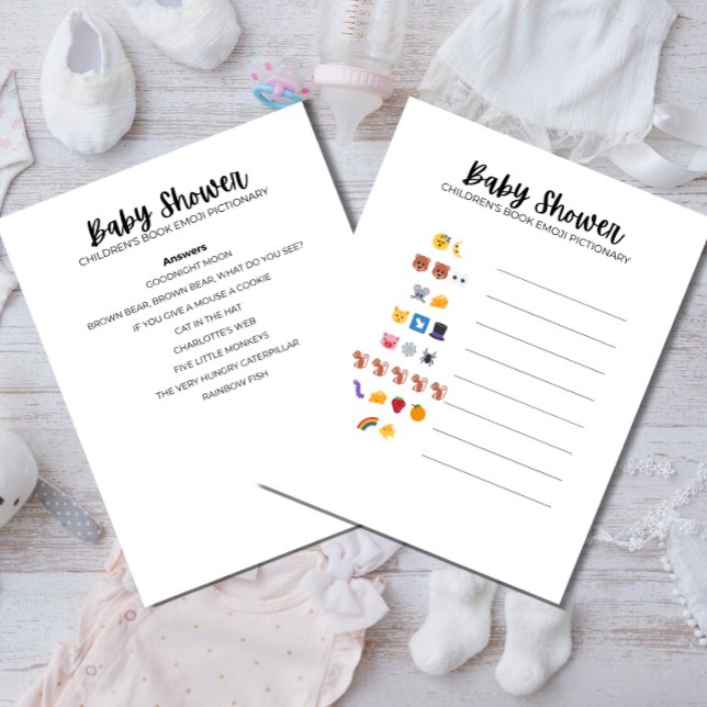 Baby-Shower-Emoji-Spiel Briefbogen (Guess the Children’s Book Emoji Game and answer sheet preview)