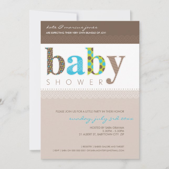 BABY SHOWER ERSUCHT :: Baby gemustert letters 1P Einladung (Vorderseite)