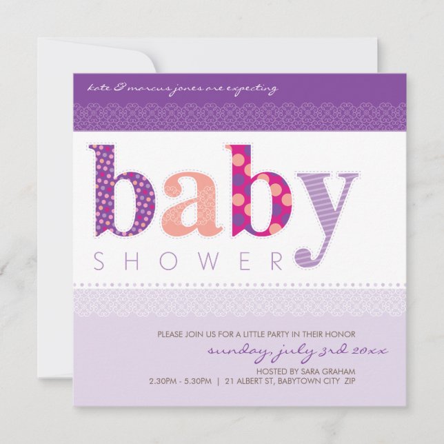 BABY SHOWER ERSUCHT :: Baby gemustert letters 2SQ Einladung (Vorderseite)