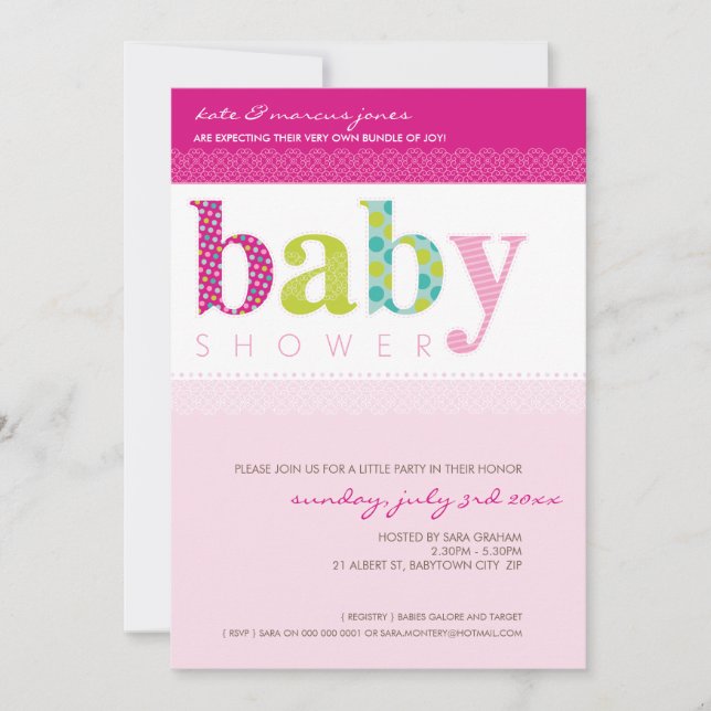 BABY SHOWER ERSUCHT :: Baby gemustert letters 3P Einladung (Vorderseite)