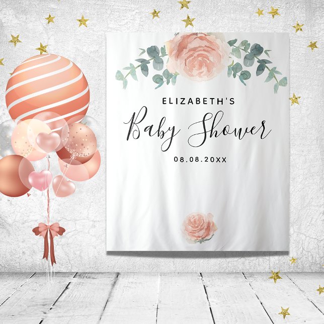 Baby Shower eucalyptus greenery pink elegant girl Wandteppich (Von Creator hochgeladen)