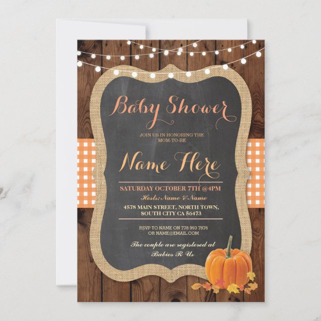 Baby Shower Fall Pumpkin Herbst Karo laden Einladung (Vorderseite)
