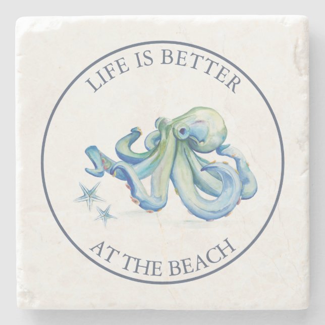 Baby Shower Favors Beachy Blue Octopus Steinuntersetzer (Vorderseite)