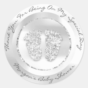 Baby Shower Feet Girl Name Danke Gray Silver Runder Aufkleber