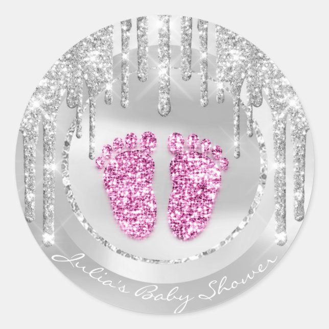 Baby Shower Feet Pink Name Tropfen Grau Glitzer Runder Aufkleber (Vorderseite)