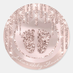 Baby Shower Feet Rosa Name Tropfens Rose Glitzer Runder Aufkleber