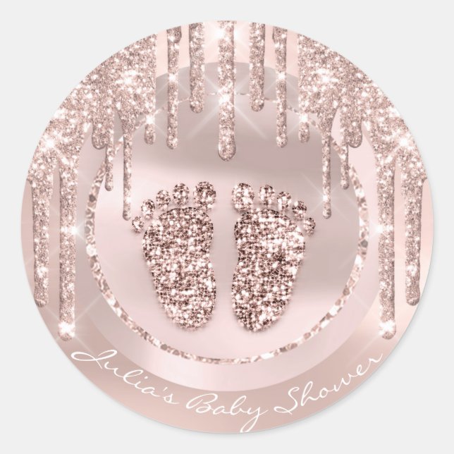 Baby Shower Feet Rosa Name Tropfens Rose Glitzer Runder Aufkleber (Vorderseite)