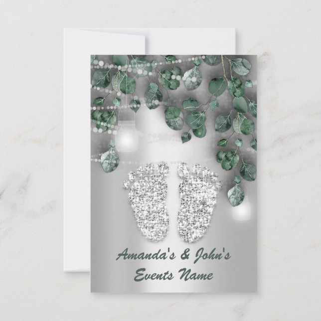 Baby SHOWER Feet Rustic Green Grey Girl Boy Einladung (Rückseite)