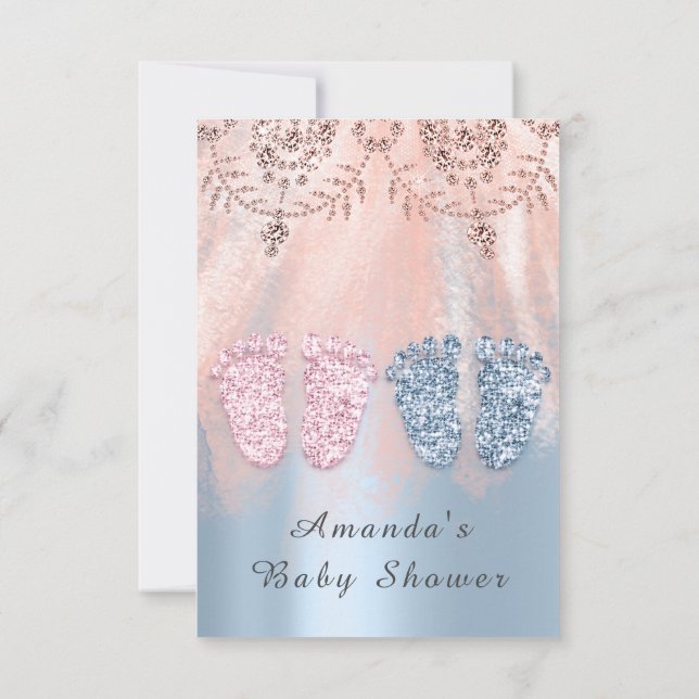 Baby Shower Feet Silver Girl Boy Royal Twins Glam Einladung (Rückseite)