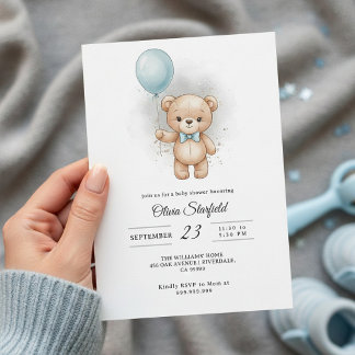 Baby Shower for Boy Blue Balloon, Teddy Bear & Bow Einladung