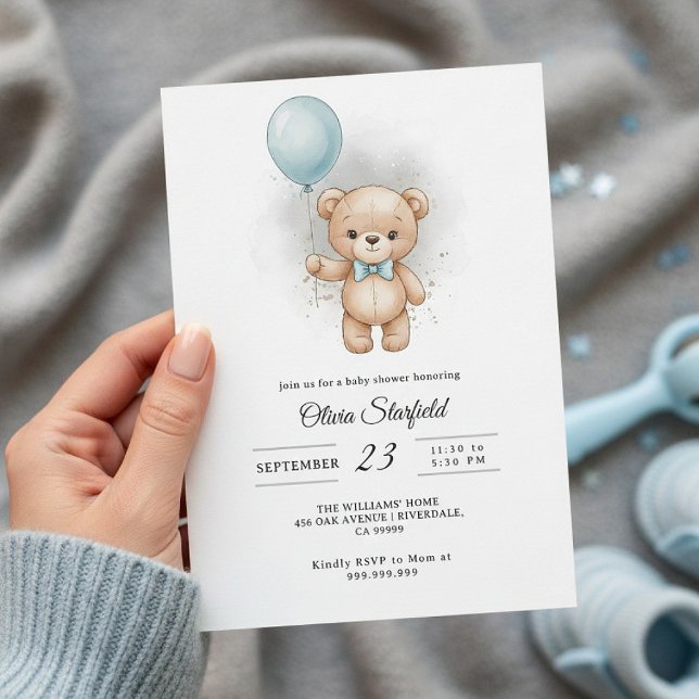 Baby Shower for Boy Blue Balloon, Teddy Bear & Bow Einladung (Von Creator hochgeladen)