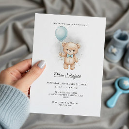Baby Shower for Boy Blue Balloon, Teddy Bear & Bow Einladung