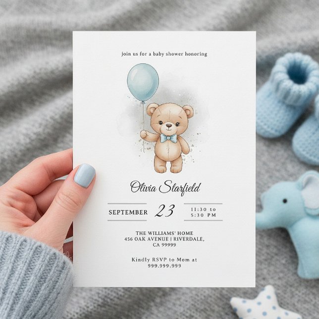 Baby Shower for Boy Blue Balloon, Teddy Bear & Bow Einladung (Von Creator hochgeladen)